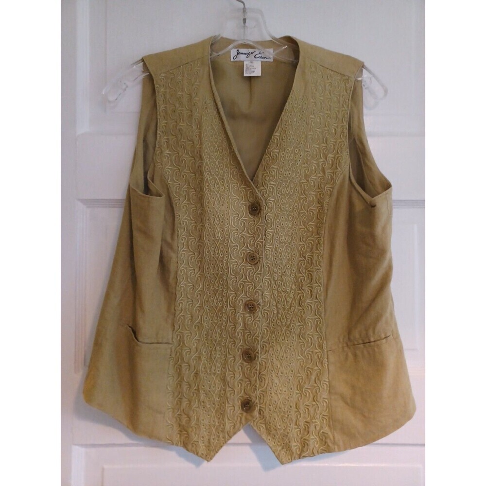 Vintage green linenblend vest womens 9/10 embroidery buttons Annie Hall Lagenloo